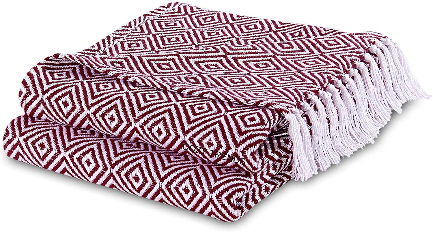 100 Cotton Hand Woven All Season Soft Throw Blanket Diamond BURGUNDY