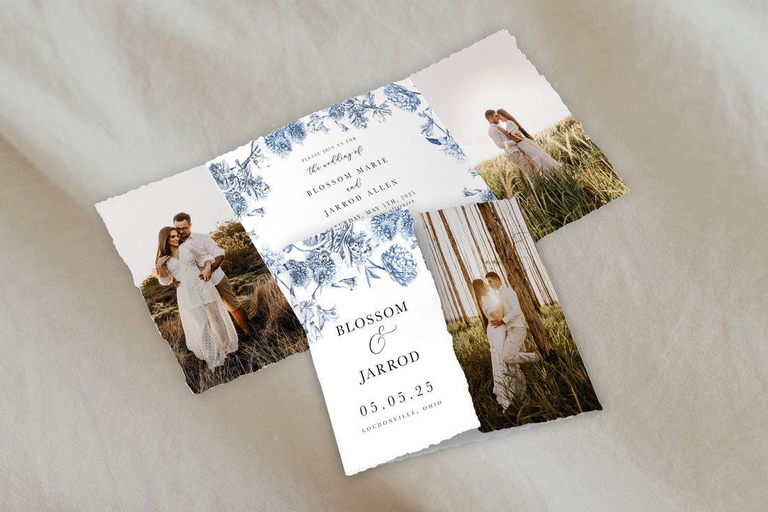 Deckled Edge Blue Toile Gatefold Invitation