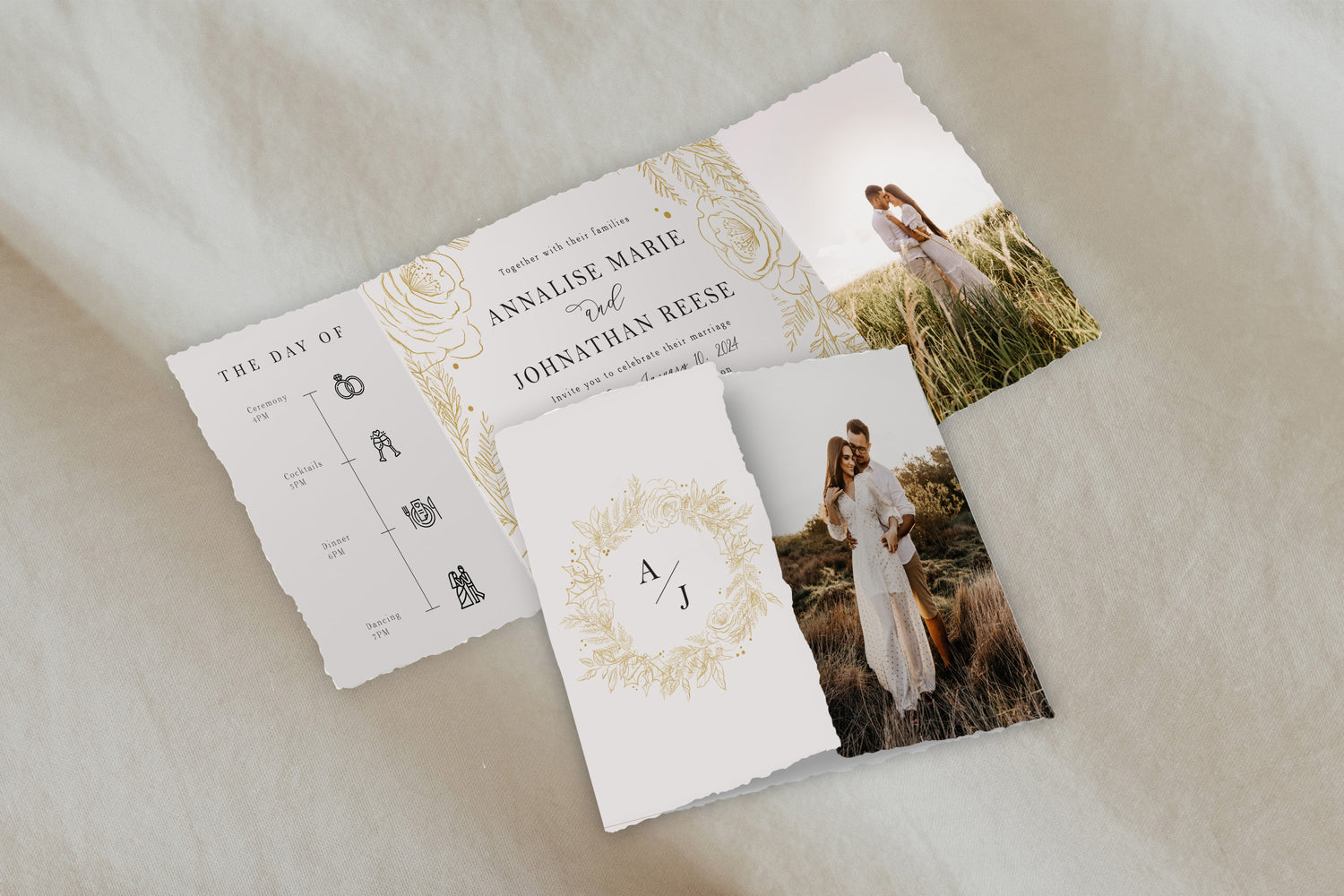 Deckled Edge Golden Wreath Gatefold Invitation