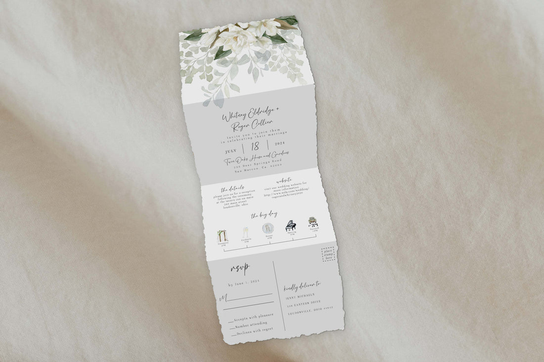 Deckled Edge Magnolia Tri Fold Invitation