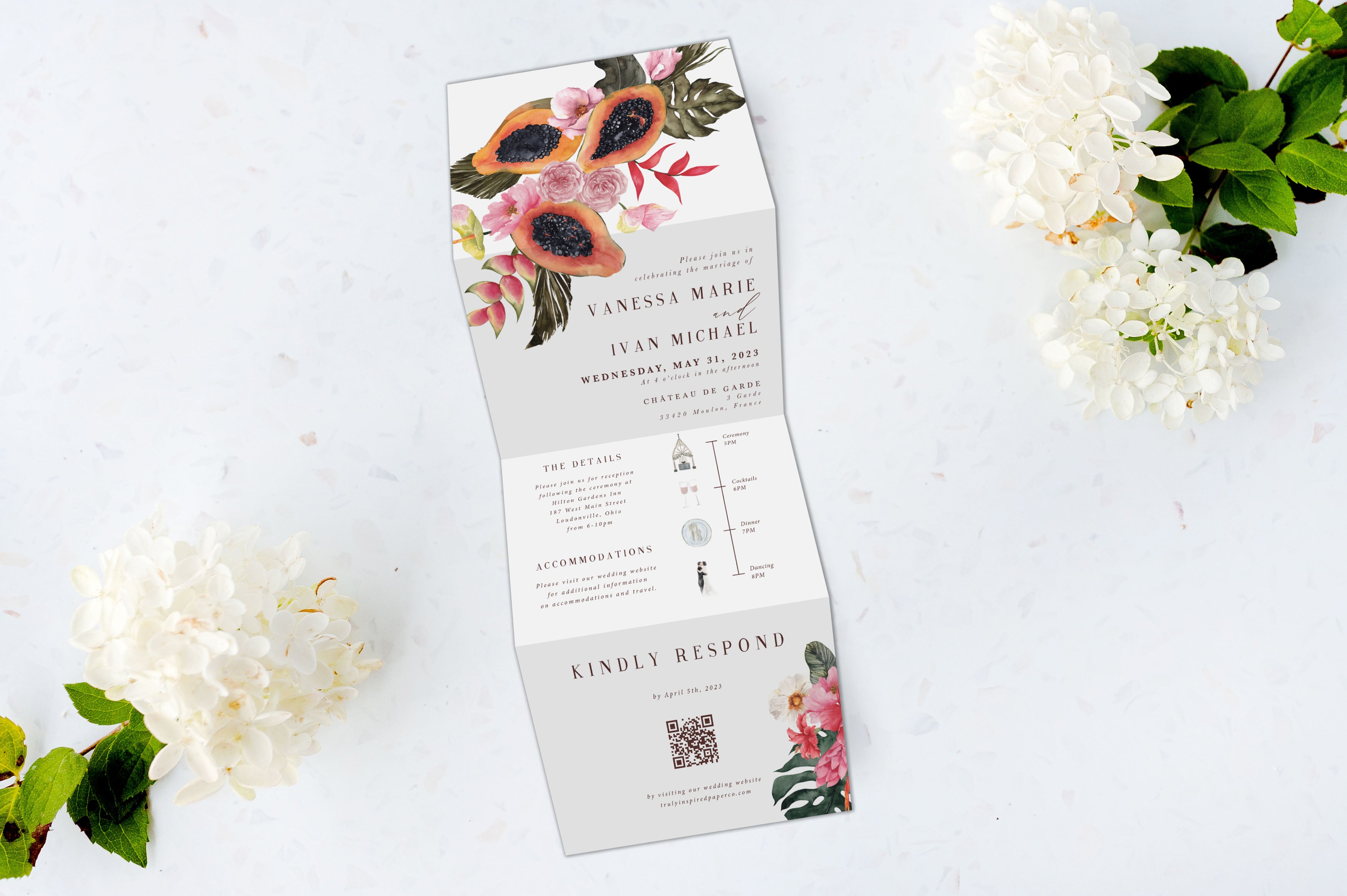 Papaya Tropical Tri Fold Invitation – Truly Inspired Paper Co.