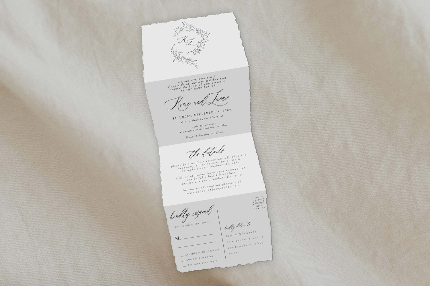 Deckled Edge Simple Botanical Tri Fold Invitation