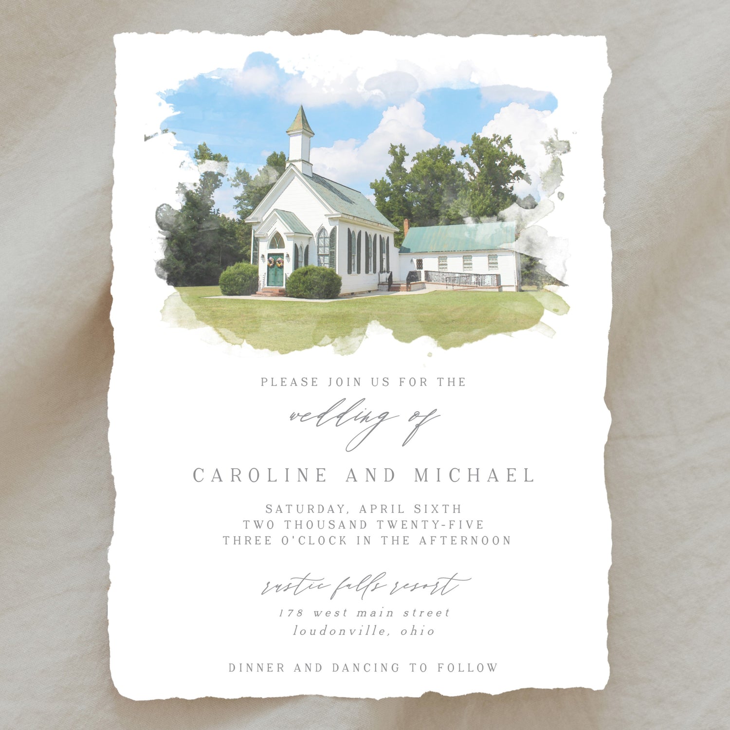 Deckled Edge Venue Watercolor Invitation