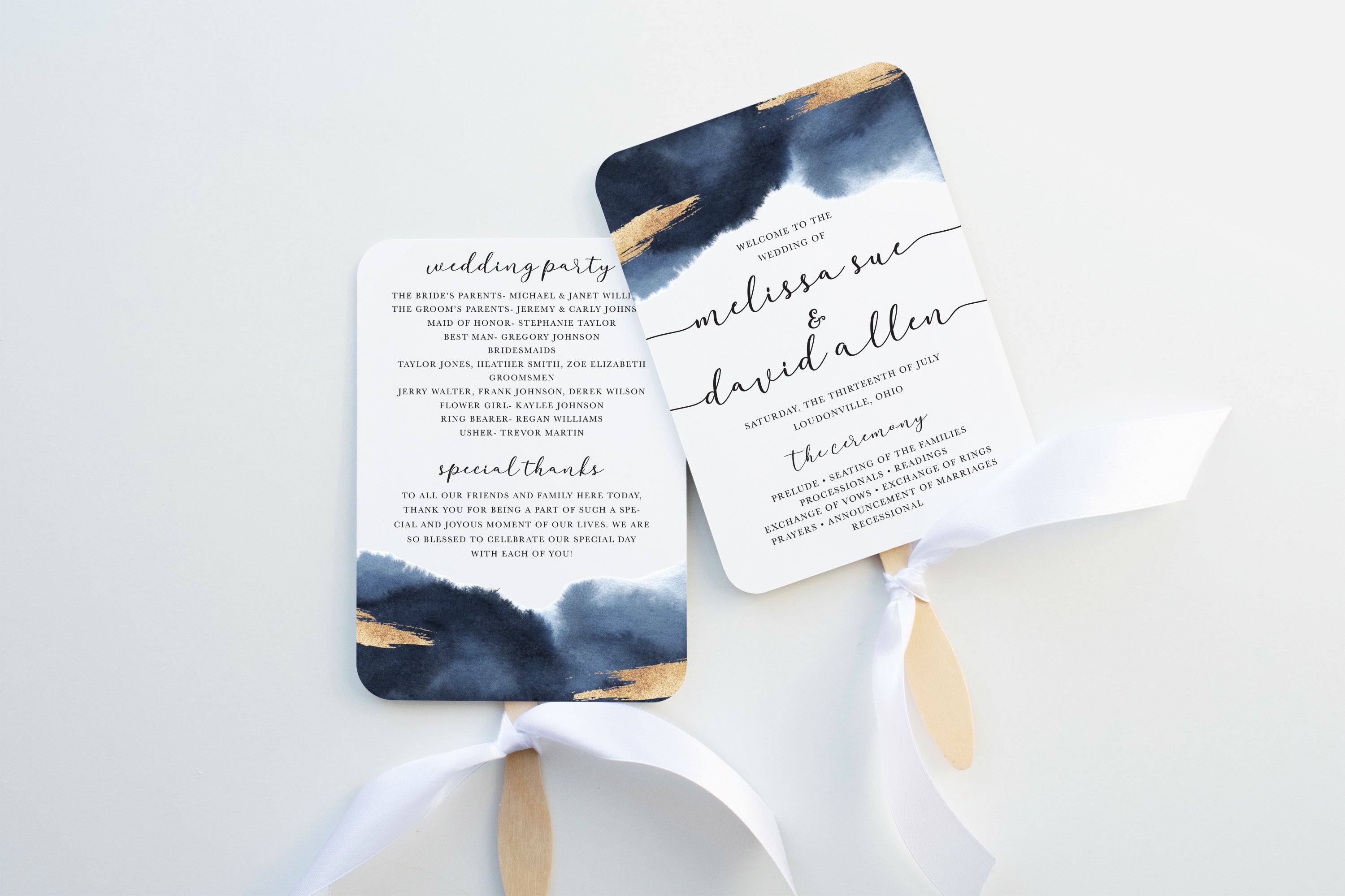 Navy &amp; Gold Wedding Program Fan